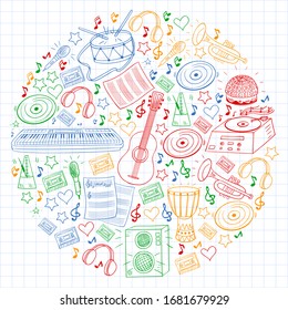 Online music school. Rock, jazz, disco, karaoke. Modern and classic music. Doodle style icons.