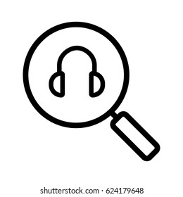 Online music search linear icon. Thin line illustration. Magnifying glass with headphones contour symbol. Vector isolated outline drawing