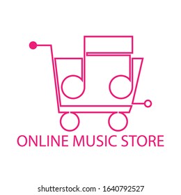 Online music store icon vector design. Music note in a shopping cart with online music store lettering isolated on white background.