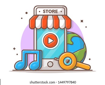 Online Music Store. Mobile Music Shop With Note Icon Vector Illustration. Cloud Music Store. Flat Cartoon Style Suitable For Web Landing Page,  Banner, Flyer, Sticker, Wallpaper, Card, Background