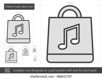 Icono de línea vectorial del almacén de música en línea aislado en fondo blanco. Icono de línea de tienda de música en línea para infografía, sitio web o aplicación. Icono escalable diseñado en un sistema de cuadrícula.