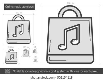 Icono de línea vectorial del almacén de música en línea aislado en fondo blanco. Icono de línea de tienda de música en línea para infografía, sitio web o aplicación. Icono escalable diseñado en un sistema de cuadrícula.