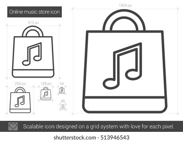 Online-Musikgeschäft Vektorsymbol einzeln auf weißem Hintergrund. Online-Musikgeschäft-Symbol für Infografik, Website oder App. Skalierbares Symbol, das auf einem Gittersystem entworfen wurde.
