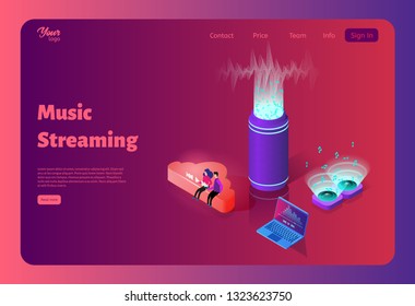Online music streaming from the cloud storage. Wireless sound stream. Music on a computer, smartphone and other devices. Template for website design. Flat isometric vector illustration.