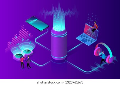 Online music streaming concept. People listening to music on a computer, smartphone and other devices. Wireless sound stream technology. Flat isometric vector illustration.