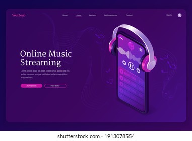 Online music streaming service isometric landing page. Playlist in smartphone audio player application and headphones playing mp3 stream with notes on stave around. 3d vector concept for web banner