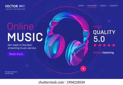 Online music streaming service landing page template with a high-quality rating. Abstract outlined vector illustration of wireless headphones silhouette in 3d neon line art style