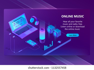 Online music vector isometric concept background in neon colors. Audio loudspeakers, headphones, smartphone and other modern gadgets to listen musical tunes. Web banner for internet page with button