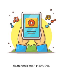 Online Music Video on Tablet Vector Icon Illustration. Hand Holding Tablet Listening and Streaming Music Video. Flat Cartoon Style Suitable for Web Landing Page, Banner, Flyer, Background