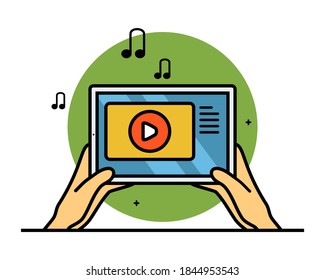 Online music video on tablet vector illustration. Hand holding tablet listening and streaming music video. Flat cartoon style suitable for web landing page, banner, flyer, background