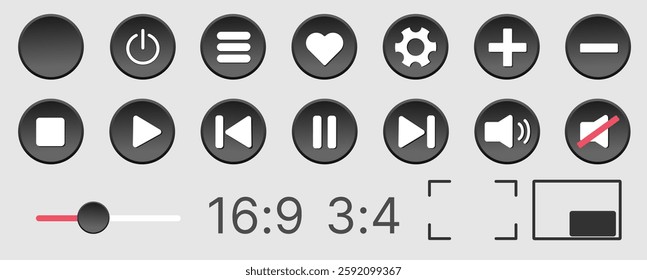 Online music, video player vector buttons in a 3D modern design. UI play and stop buttons with a neomorphic graphic interface. Isolated button set for video apps, featuring playlist control icons