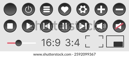 Online music, video player vector buttons in a 3D modern design. UI play and stop buttons with a neomorphic graphic interface. Isolated button set for video apps, featuring playlist control icons