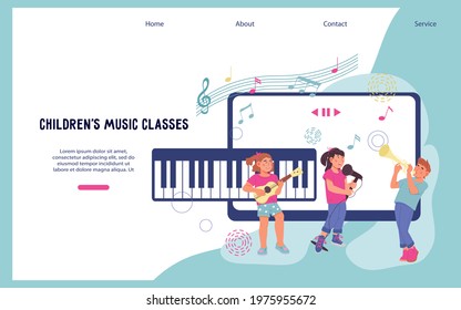 Online musical education for children website template. Video tutorials on learning to play musical instruments and online music school, flat vector illustration. Landing page or web site interface.