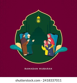 Online Muslim Family Contact to their Elders or Parents Through Video Call on Silhouette Mosque for Ramadan Mubarak Celebration Concept.