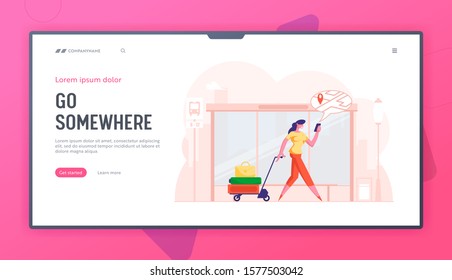 Online Navigation App Website Landing Page. Woman Pulling Trolley With Luggage Pass By Bus Stop Watching On Mobile Phone Screen With Gps Map Pointer Web Page Banner. Cartoon Flat Vector Illustration