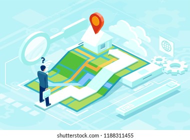 Online navigation concept in isometric vector. Businessman using smartphone application map to find his destinaton 