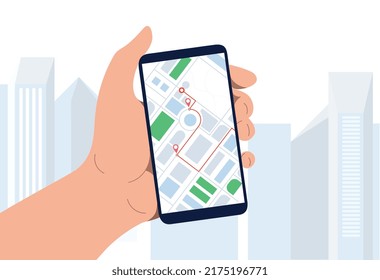 Online navigation concept. Tourist looks at city map, trying to navigate place. Travel application or program. Character makes possible route. Geolocation and GPS. Cartoon flat vector illustration