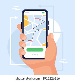 Online navigation and GPS concept. Route guidance via smartphone thanks to the online application. Smartphone with open geolocation app with pins, possible routes, flat design of distances.