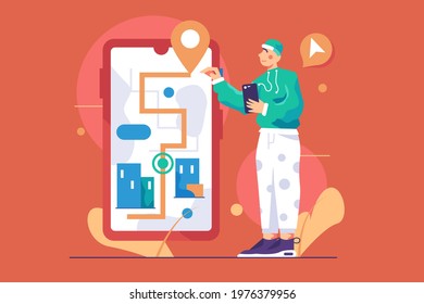 Online navigation in modern smartphone vector illustration. Male tourist with phone in hands uses electronic maps to find location flat style. Technology, gps, concept. Isolated on red background