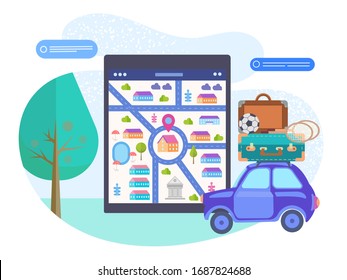 Online navigation for travel, car navigation, travel geolocation. Vector illustration electronic navigation concept. Travelers car loaded with a suitcase, a soccer ball and badminton rackets 