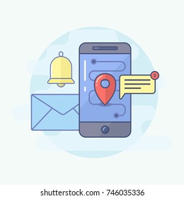 Online navigation vector illustration with social elements. Flat smartphone with notification bell, envelope email, chat bubble  and location pin icons.