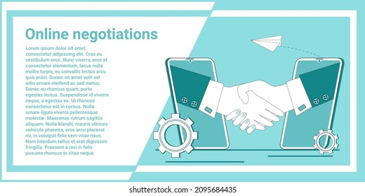 Online negotiations.Business agreement, contract signing, transaction and handshake via online connection.An illustration in the style of a green landing page.