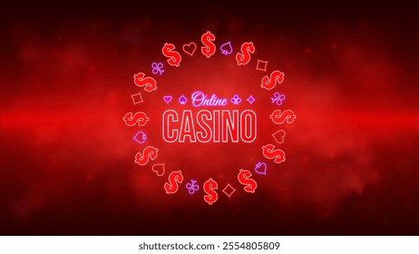 Online neon casino banner design.  Poster for website, promotion, mobile app on the futuristic red smoky background. Vector illustration