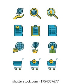 Conjunto de iconos de red, datos y compras en línea. Diseño de iconos de contorno rellenados. vector