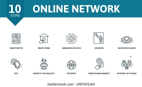 Online Network icon set. Contains editable icons internet of things theme such as smart meter, embedded devices, microprocessor and more