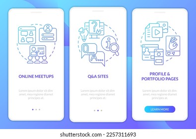 Online networking blue gradient onboarding mobile app screen. Digital marketing walkthrough 3 steps graphic instructions with linear concepts. UI, UX, GUI template. Myriad Pro-Bold, Regular fonts used