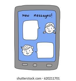 Online networking concept with smart phone screen showing messages chatting between two users. Blank text bubbles for filing in. Vector illustration with hand-drawn style.