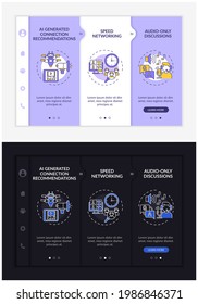 Online networking gatherings onboarding vector template. Responsive mobile website with icons. Web page walkthrough 3 step screens. Speed meetings night and day mode concept with linear illustrations