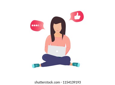Online networking vector illustration: a young girl sitting with a laptop surfing internet, reviewing goods, services and sites.