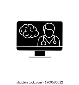 Online Neurology Glyph Icon. Telehealth Medical Care. Virtual Neurologist Consultation. Telemedicine, Health Care Concept. Online Medicine, Neuroscience. Isolated Silhouette Vector Illustration