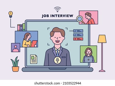 Online new employee interview. The face of the applicant is on the laptop screen, and the screen of the interviewer is floating around it. flat design style vector illustration.