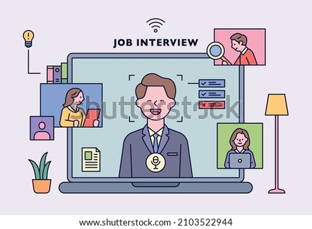 Online new employee interview. The face of the applicant is on the laptop screen, and the screen of the interviewer is floating around it. flat design style vector illustration.