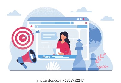 Online news anchor concept. Knowledge and information. Woman with lists in hands near chess pieces. TV shov and program. Young girl with breaking news. Cartoon flat vector illustration