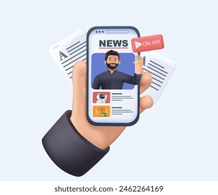 Online News and Blogs concept 3D illustration. A digital newsreader presents live updates from around the globe, encapsulating a world connected by information Vector illustration