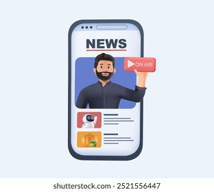 Online News and Blogs concept 3D illustration. A digital newsreader presents live updates from around the globe, encapsulating a world connected by information Vector illustration