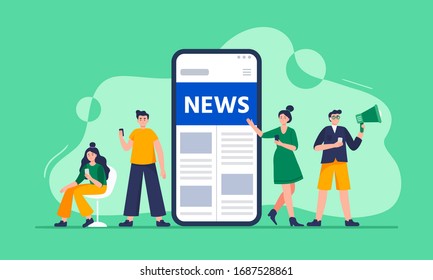 Online news concept. Modern young men and women use smartphones to read the news. People standing near a big smartphone with the news page. Vector flat concept illustration for banner, sites, apps.