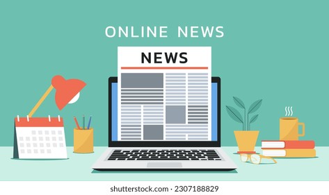 online news concept on digital newspaper document on laptop screen, flat vector illustration