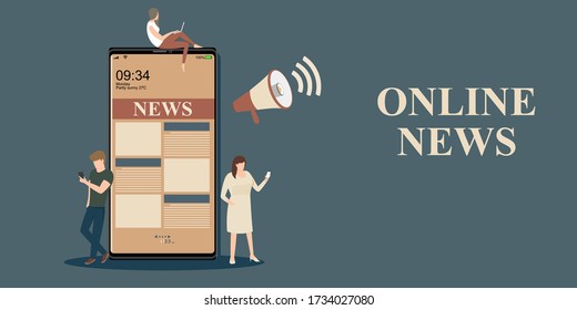 Online news concept. People reading news on their mobile phones. People are reading news near big smart phone. Flat style vector illustration