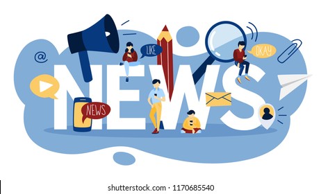 Online news concept. Reading breaking news on the web page. Digital information in social media. Flat vector illustration