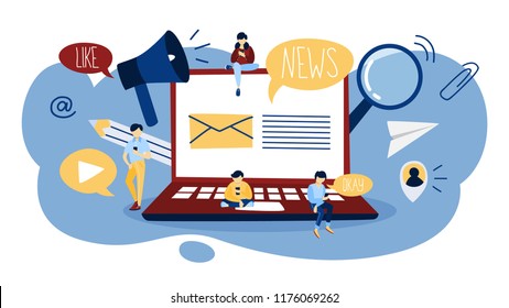 Online news concept. Reading breaking news on the web page and checking e-mail on the laptop computer. Digital information in social media. Flat vector illustration