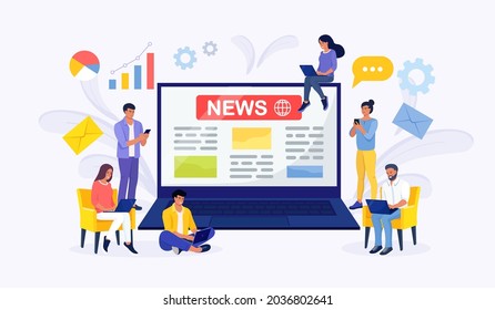 Online news content, electronic newspaper. Tiny people reading breaking news on big laptop screen. Information about activities, events, company announcements and information. Social media, news tips