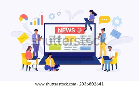 Online news content, electronic newspaper. Tiny people reading breaking news on big laptop screen. Information about activities, events, company announcements and information. Social media, news tips