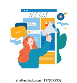 Online news content, headlines, news update, news website, electronic newspaper flat vector illustration. News webpage, information about activities and events, company announcements and information