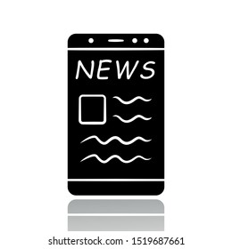 Online news drop shadow black glyph icon. Electronic newspaper mobile app. Getting actual information. Reading about latest events in social media on smartphone. Isolated vector illustration
