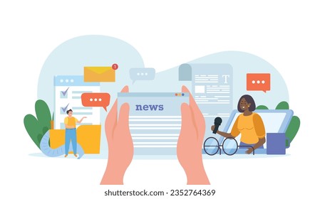 Online news flat composition with female reporter with microphone and articles on internet vector illustration