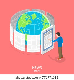 Online news flat isometric vector concept. News articles are whirling around the Earth. Man is standing near a big smartphone reading those articles through the smartphone screen.